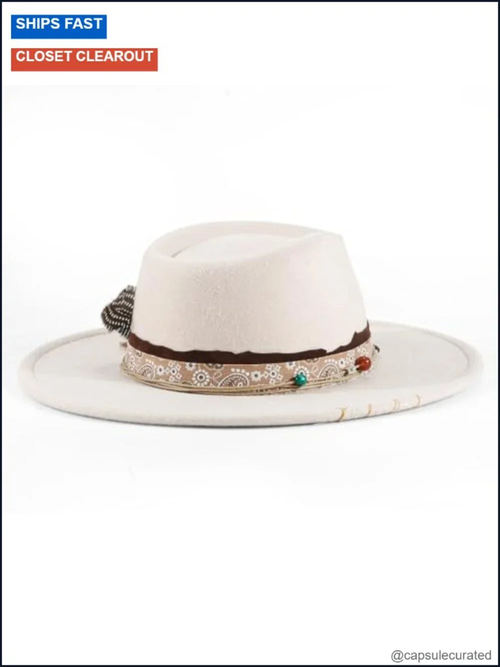 Boho Fedora Hat Wide Brim Handmade Flat Brim Cotton Polyester